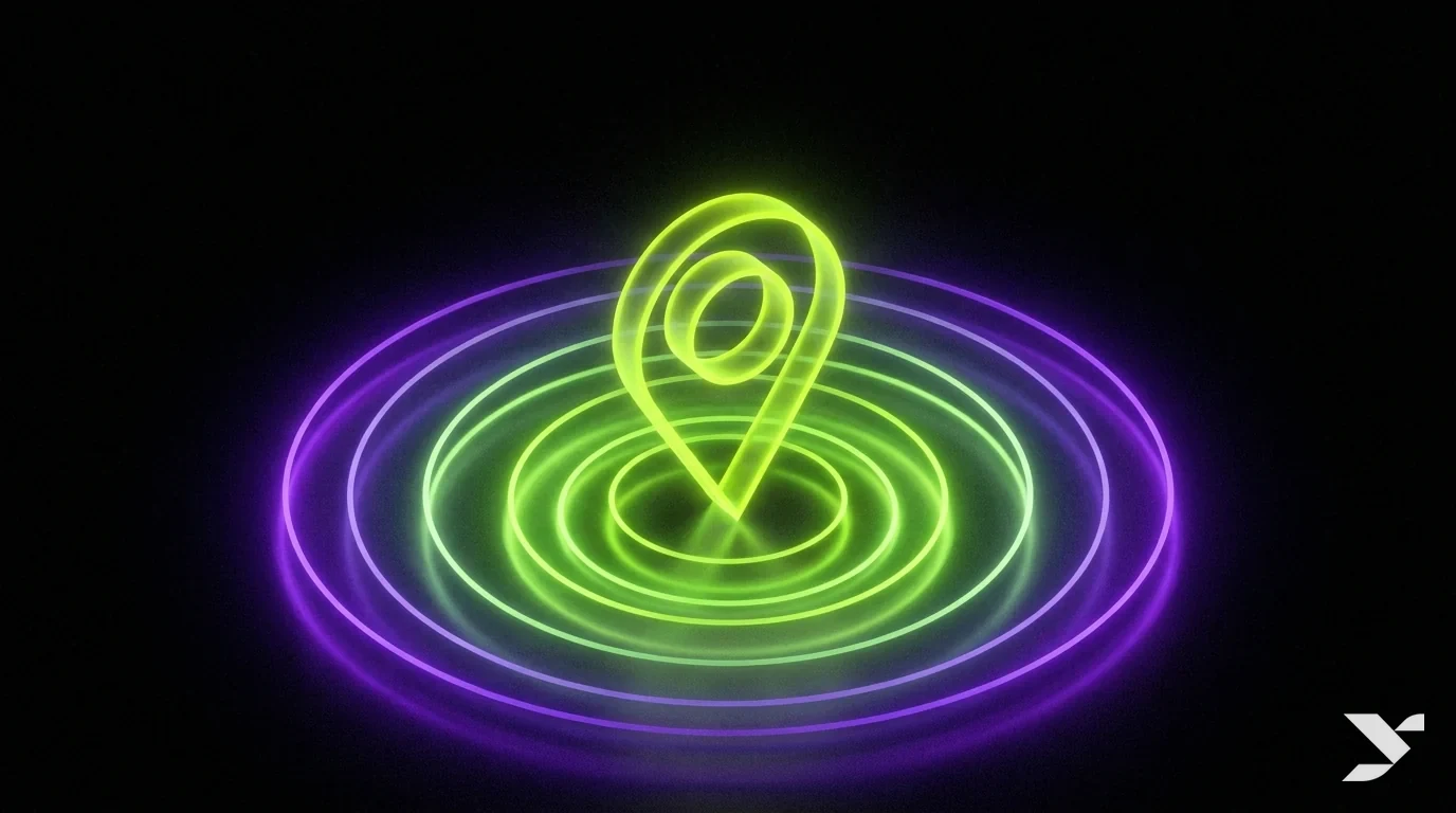 Abstract editorial illustration of a glowing map pin emerging from concentric local-search ripples on a pure black background
