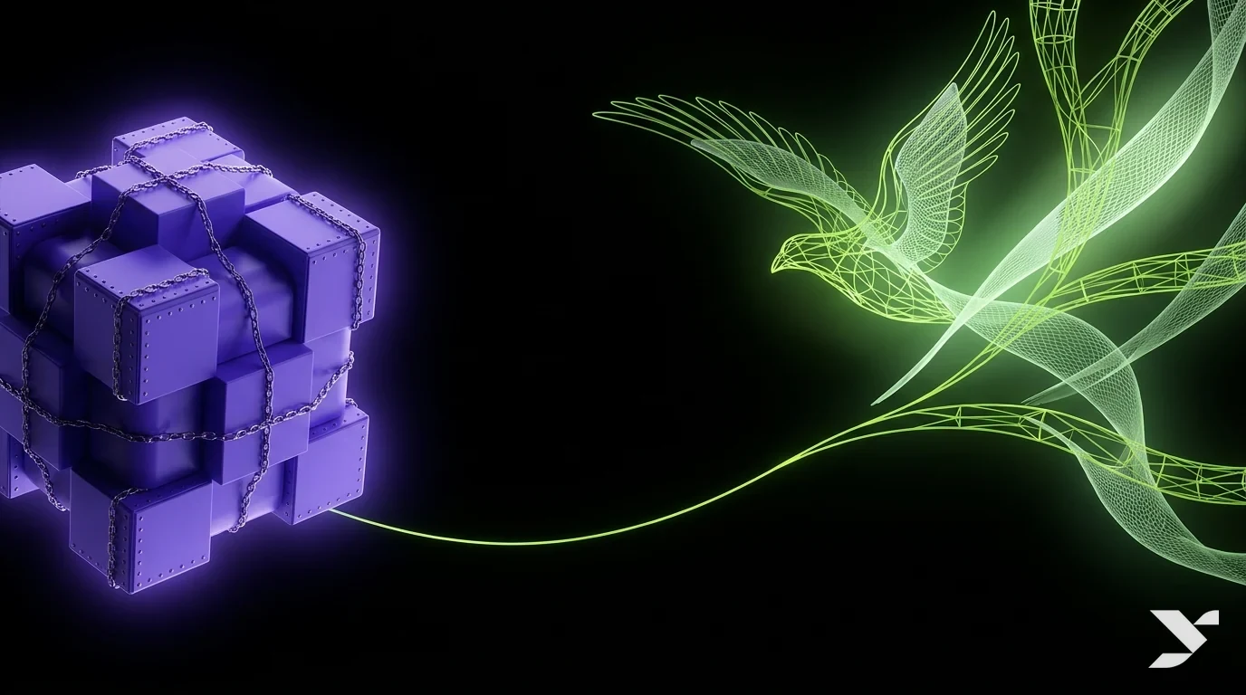 Abstract editorial illustration contrasting a rigid locked template block with an open, fast custom structure, in lime and violet on pure black