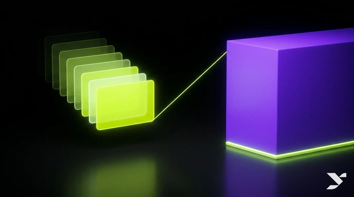 Abstract editorial illustration contrasting a rented monthly subscription with an owned one-time asset, in lime and violet on pure black