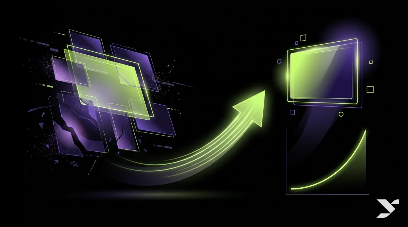 Abstract editorial illustration of a website being rebuilt into a faster, conversion-focused layout on a pure black background with lime and violet accents