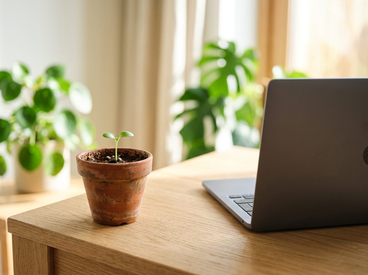 Seedling growing on a laptop keyboard