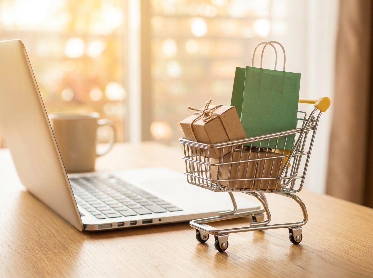 Miniature shopping cart on a laptop