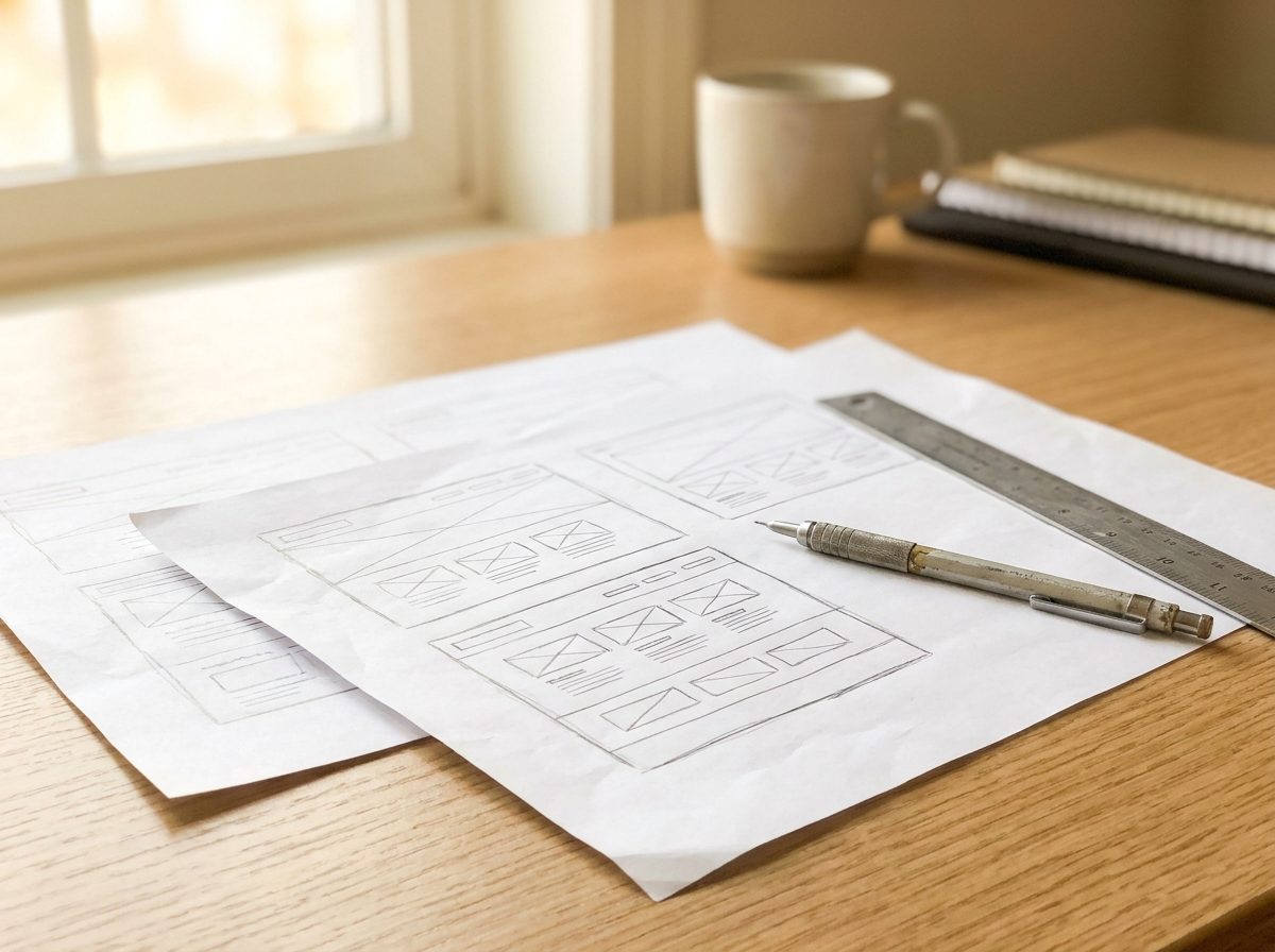 Wireframe sketches beside a laptop
