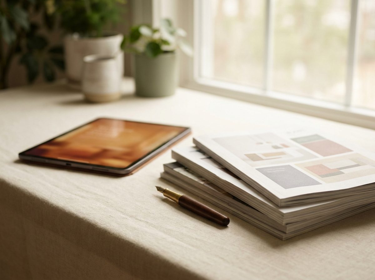 Printed article layouts beside a tablet